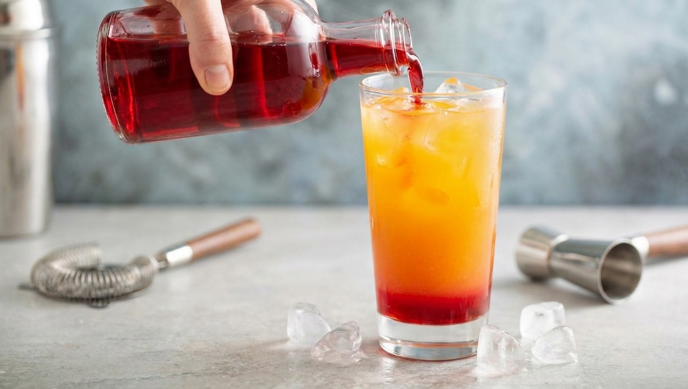 A hand slowly pouring grenadine into a tall iced orange cocktail, creating a red layer at the bottom