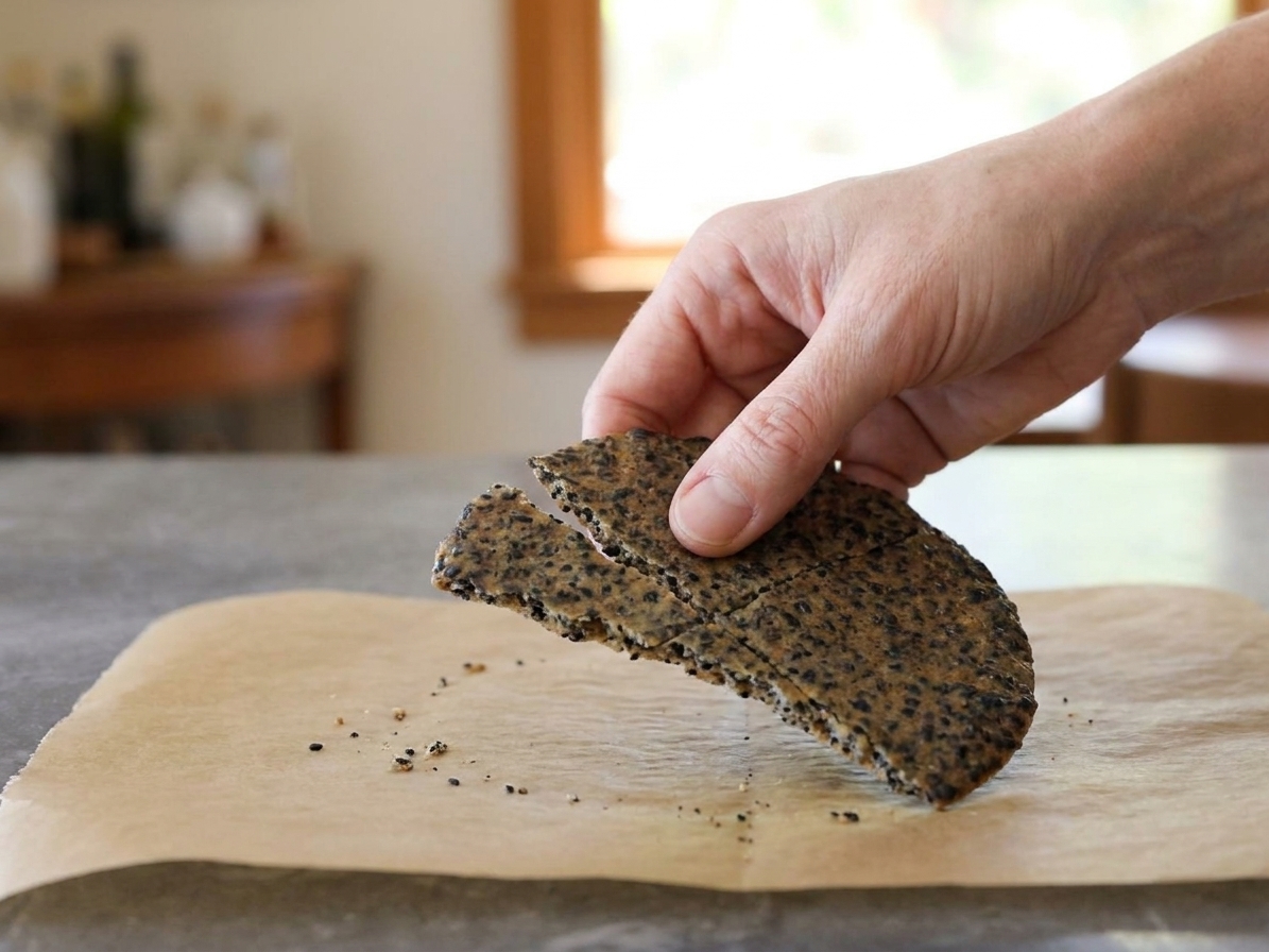 A hand snapping cooled rice crackers along scored lines on parchment paper, showing crisp edges and sesame seeds