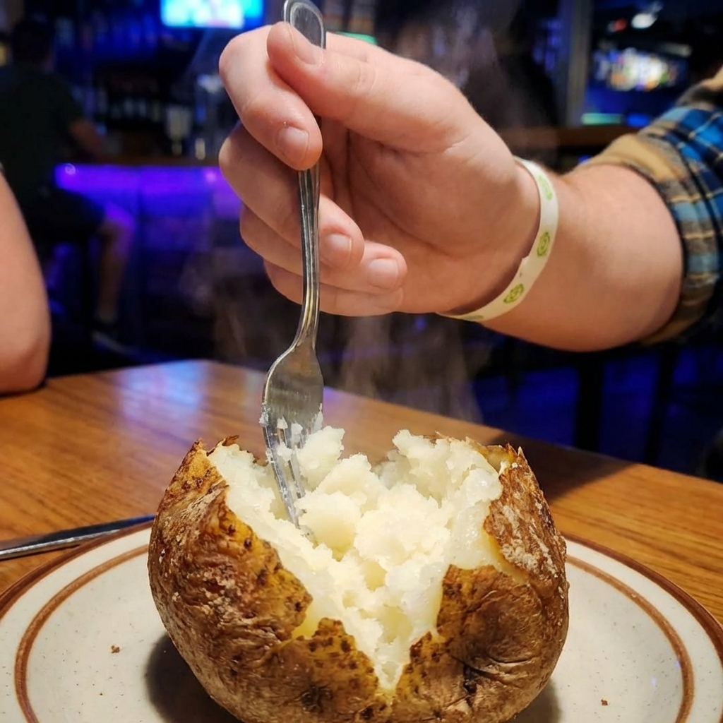 A hand splitting open a hot baked russet potato and fluffing the inside with a fork