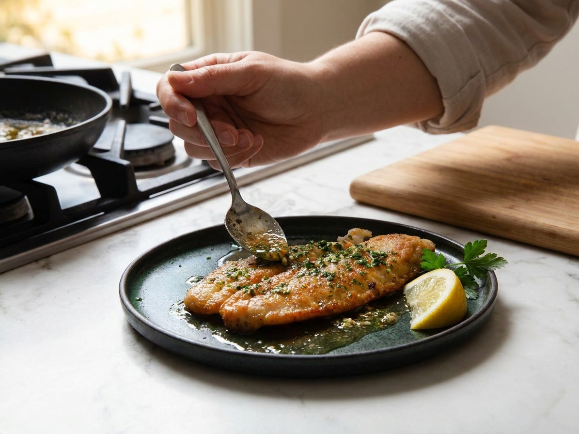 A hand spooning browned butter lemon parsley sauce over cooked sole fillets on a serving plate in a warmly lit kitchen