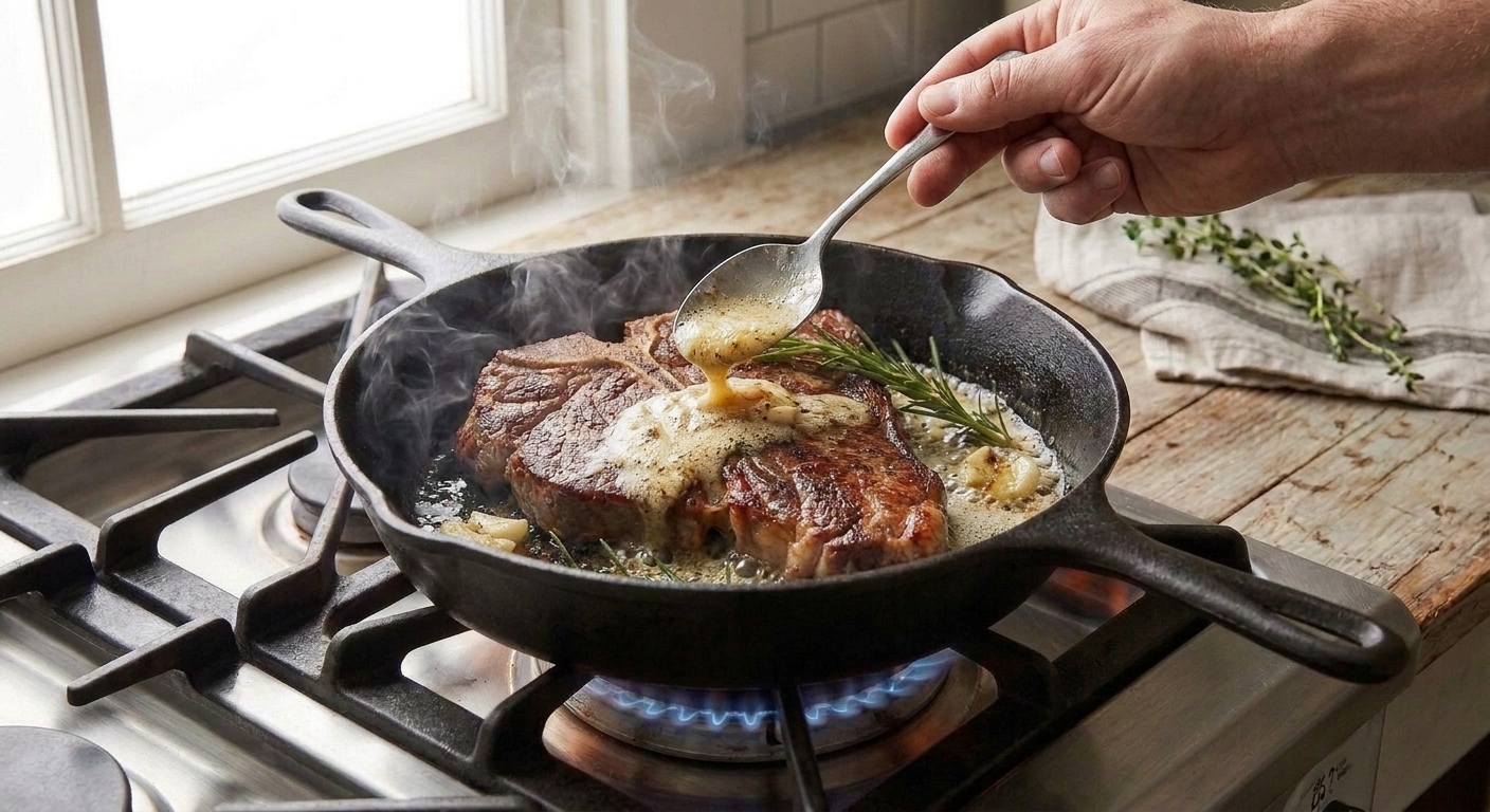 A hand spooning foaming butter over a T-bone steak in a cast-iron skillet with garlic and rosemary