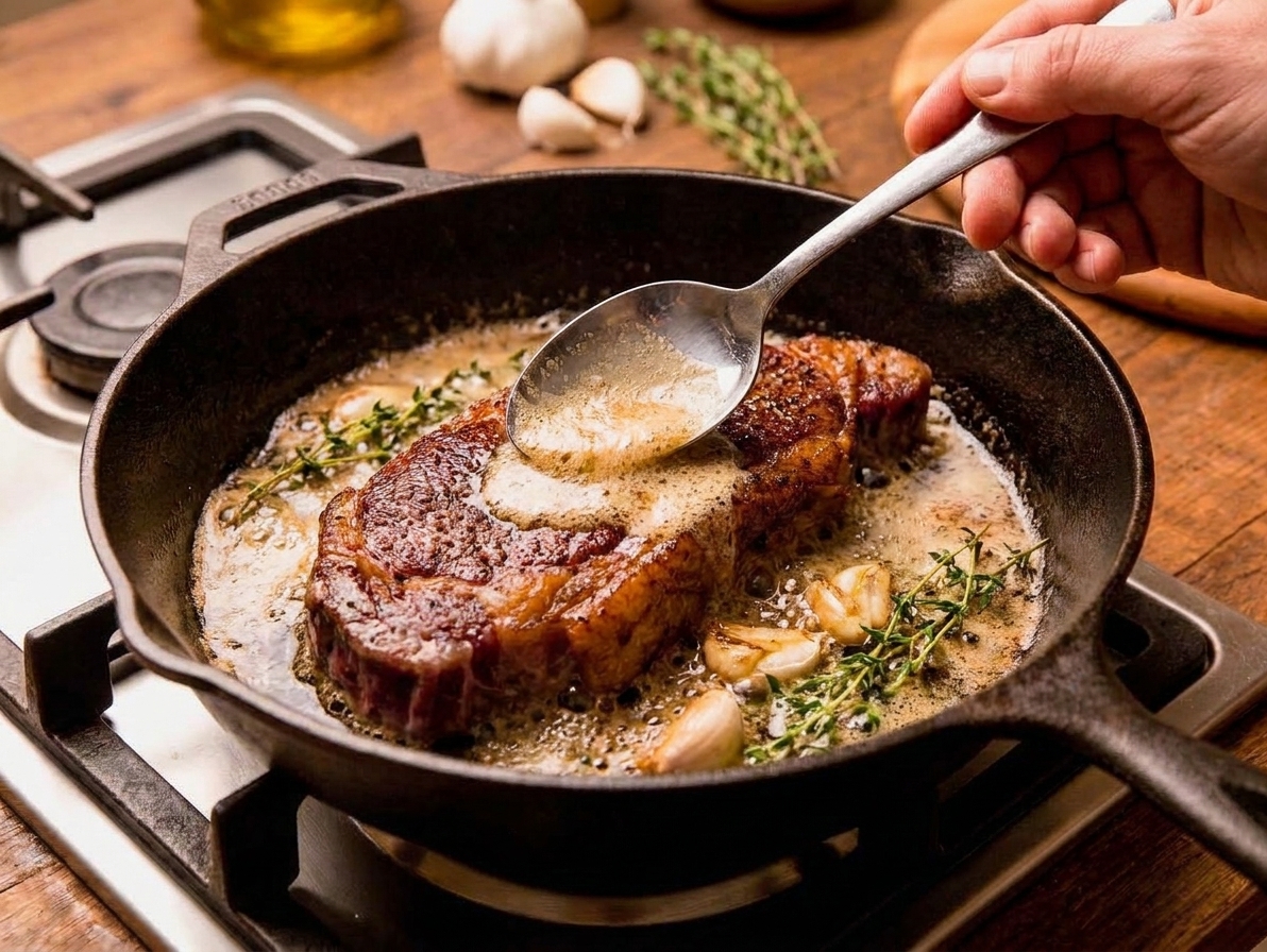 A hand spooning foaming butter over a striploin steak in a cast iron skillet with garlic cloves and thyme sprigs