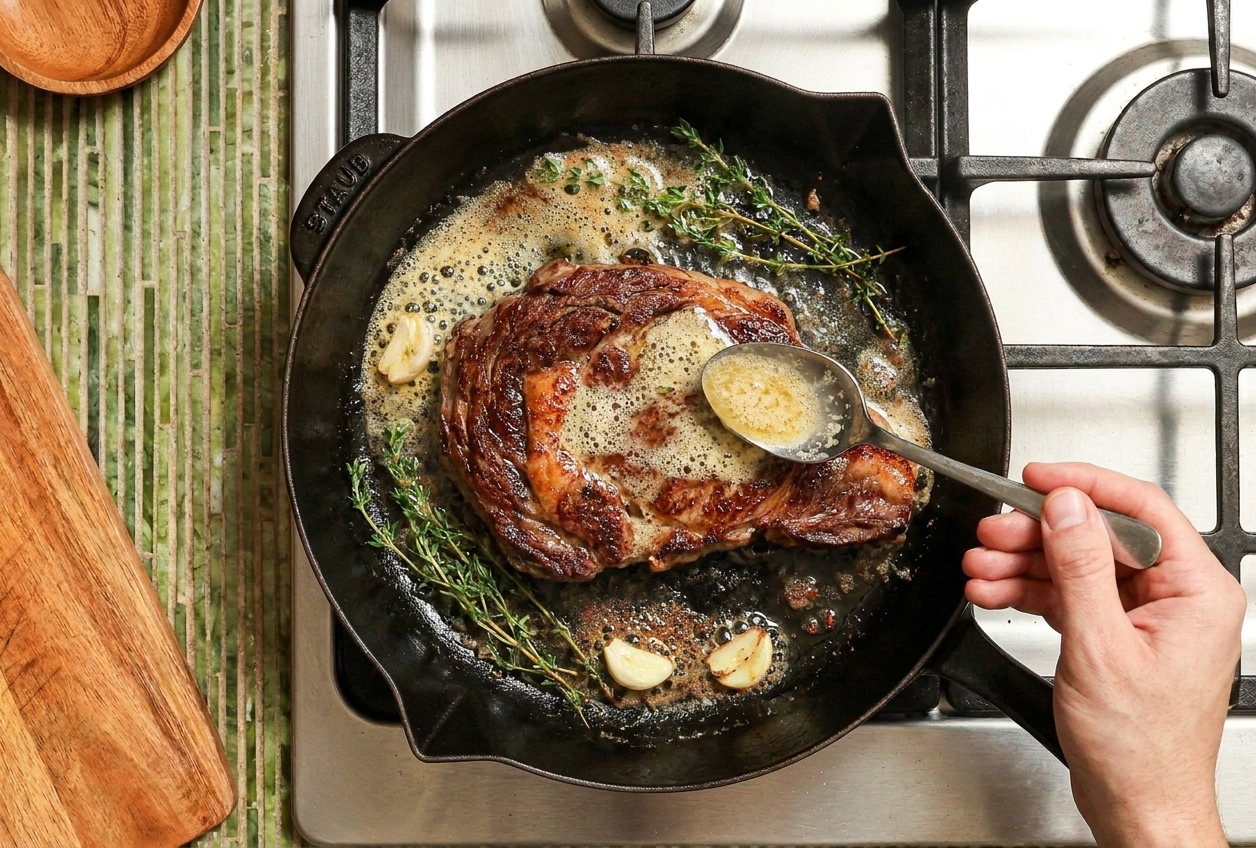A hand spooning foaming garlic butter over a seared boneless steak in a skillet with thyme sprigs