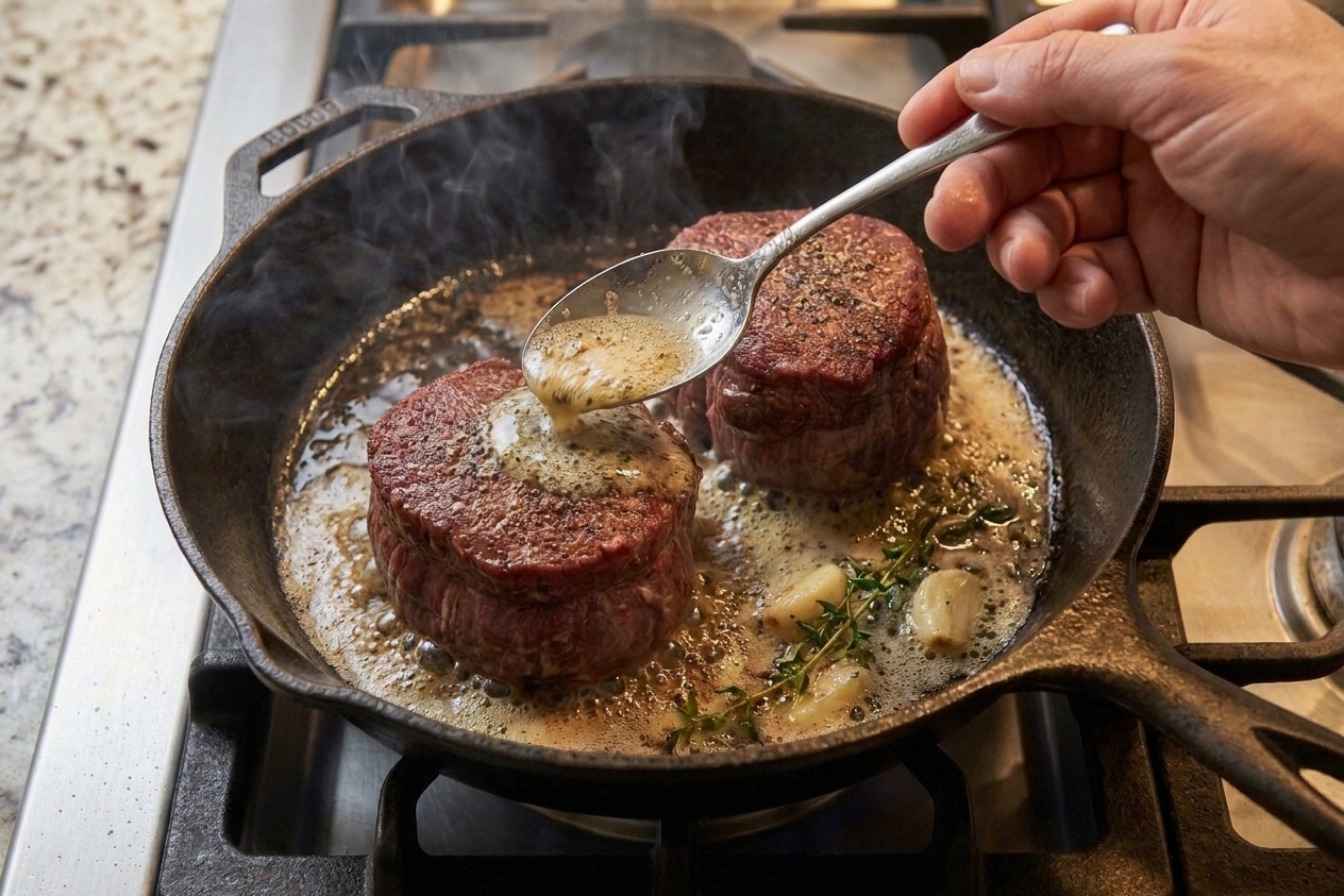A hand spooning foaming garlic thyme butter over filet mignon steaks in a cast iron skillet