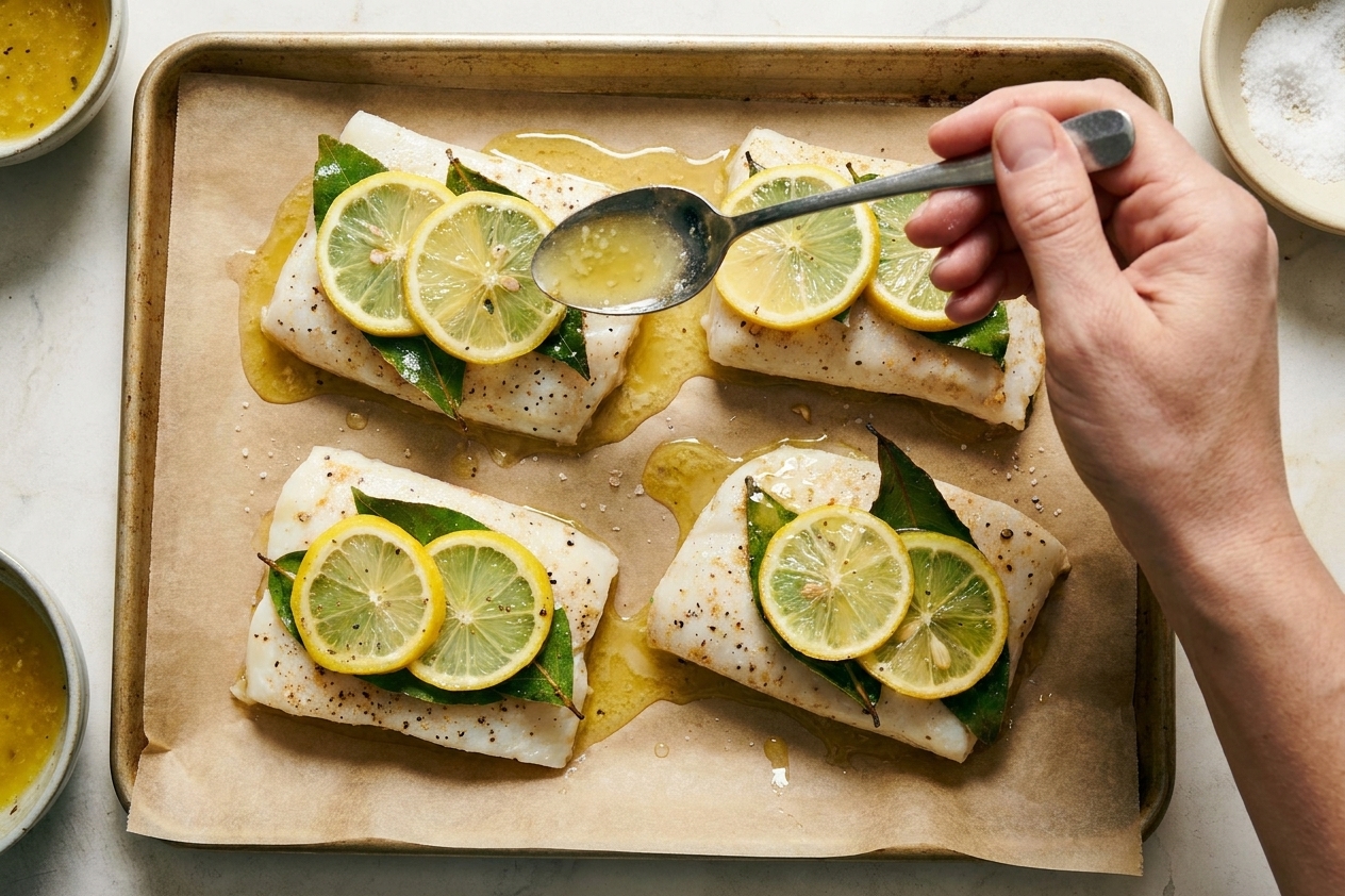 A hand spooning glossy garlic lemon butter sauce over raw halibut fillets on a parchment-lined baking sheet