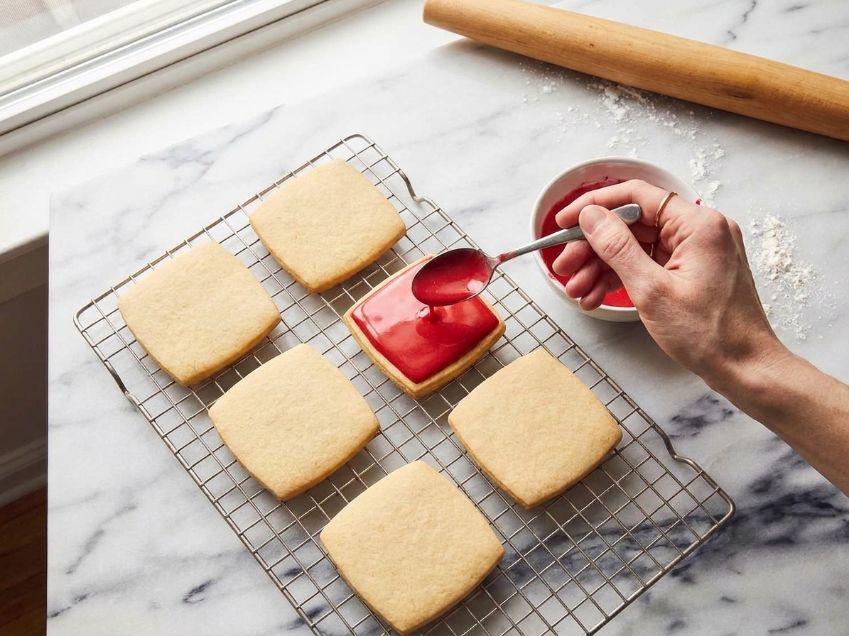 A hand spooning glossy red icing onto a square sugar cookie on a cooling rack in a home kitchen