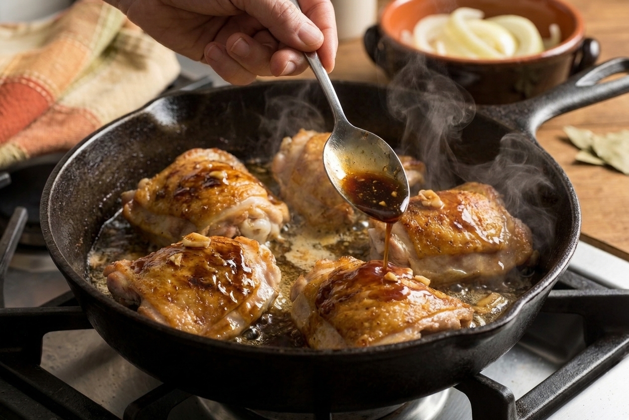 A hand spooning glossy soy-garlic sauce over chicken asado in a skillet with steam rising