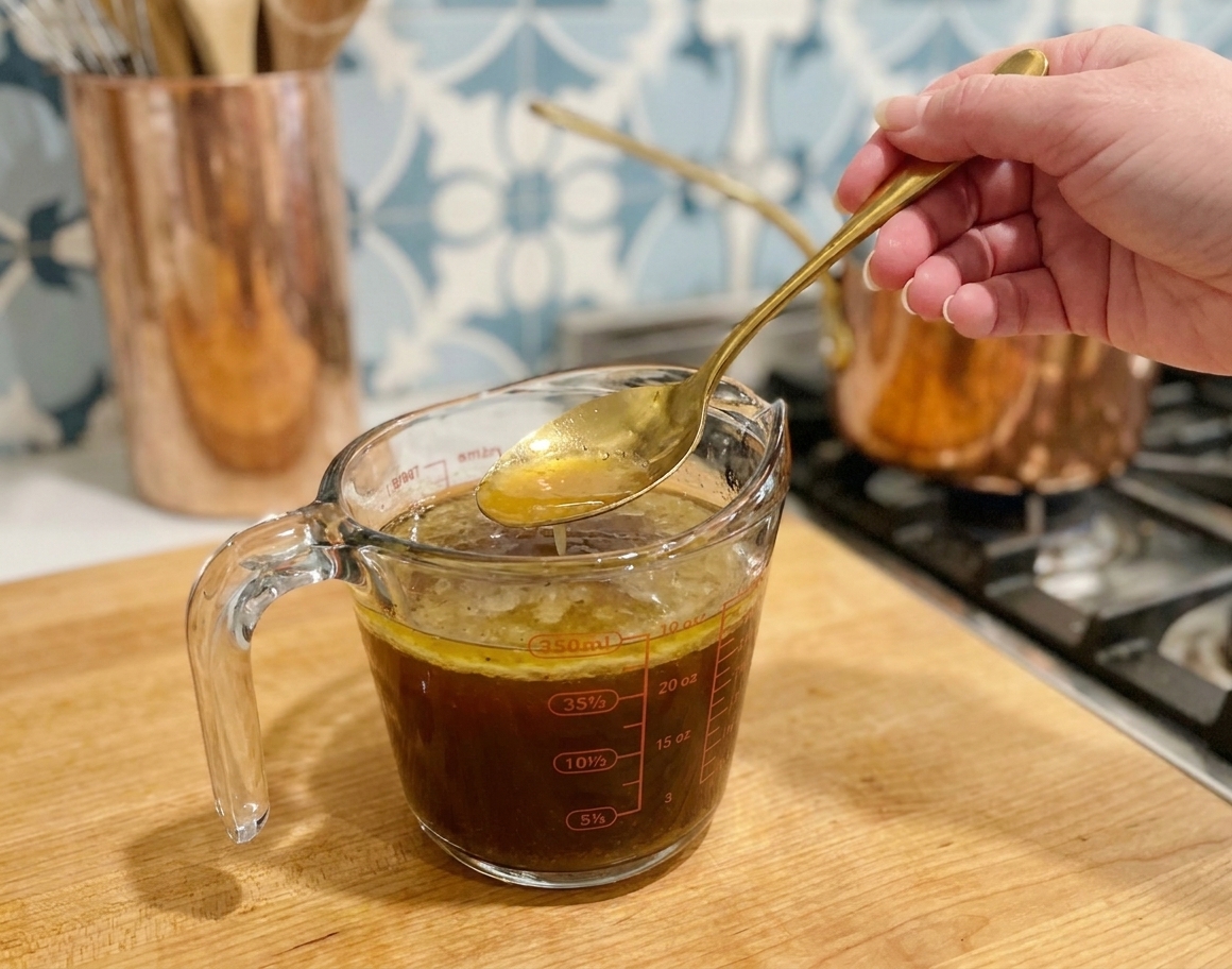 A hand spooning golden turkey fat off the top of pan drippings in a clear measuring cup on a kitchen counter