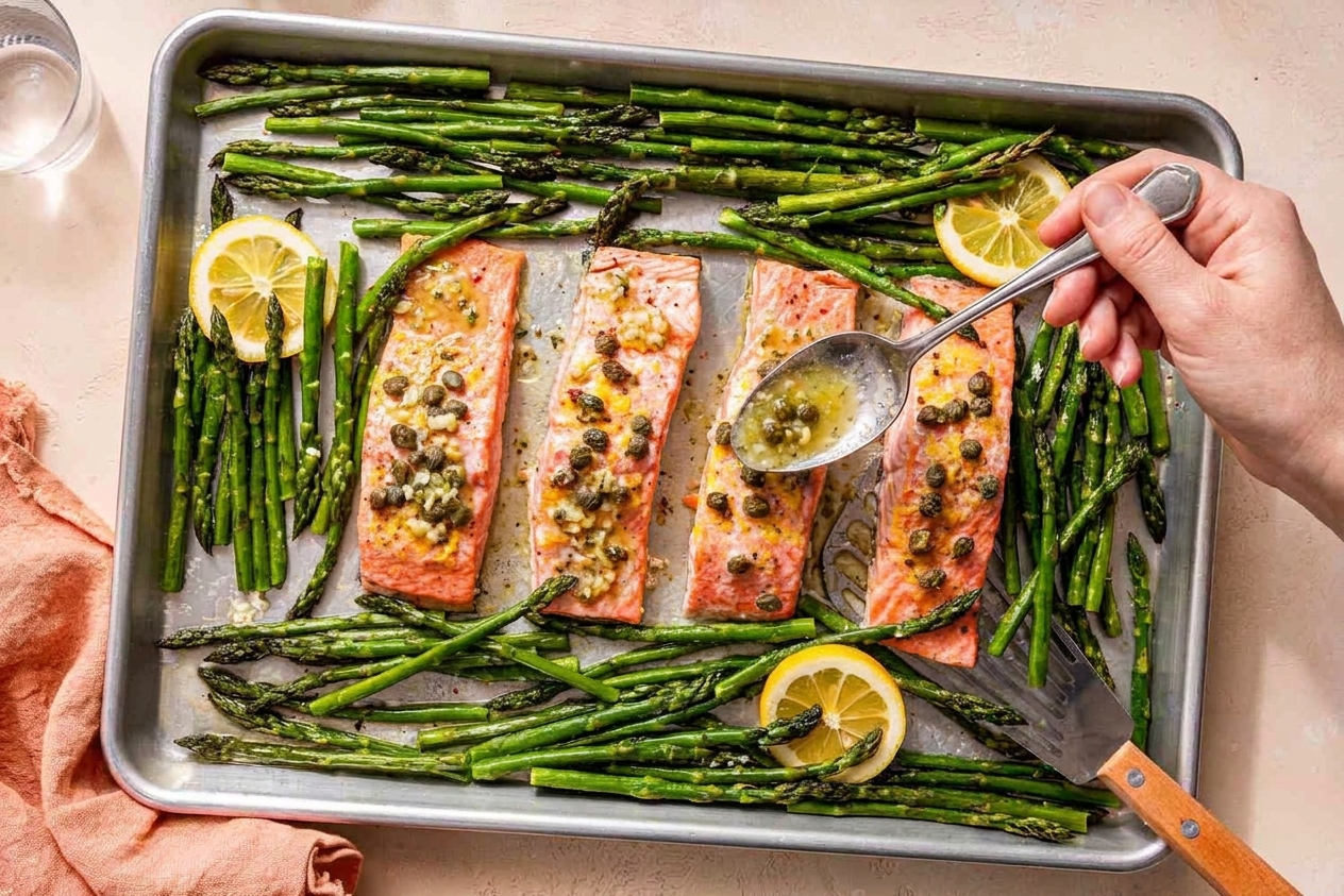 A hand spooning lemon garlic butter sauce over seasoned salmon fillets on a sheet pan