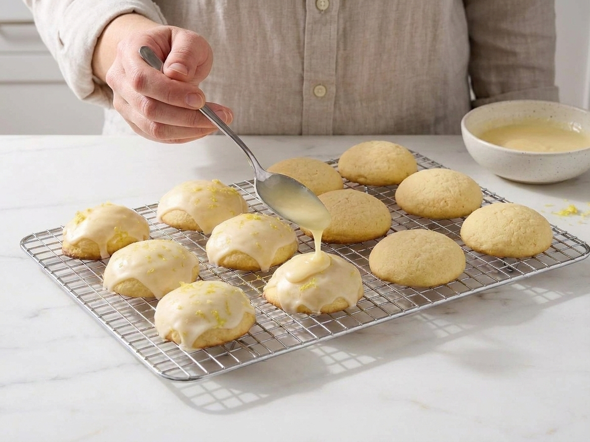 A hand spooning lemon glaze over cooled ricotta cookies on a wire rack