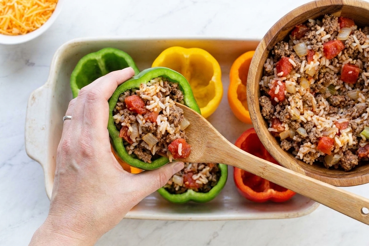 A hand spooning rice and beef filling into a bell pepper in a baking dish, close-up on the action