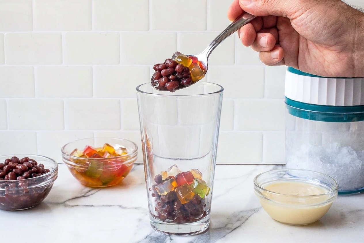 A hand spooning sweetened beans and jellies into the bottom of a tall glass before adding shaved ice