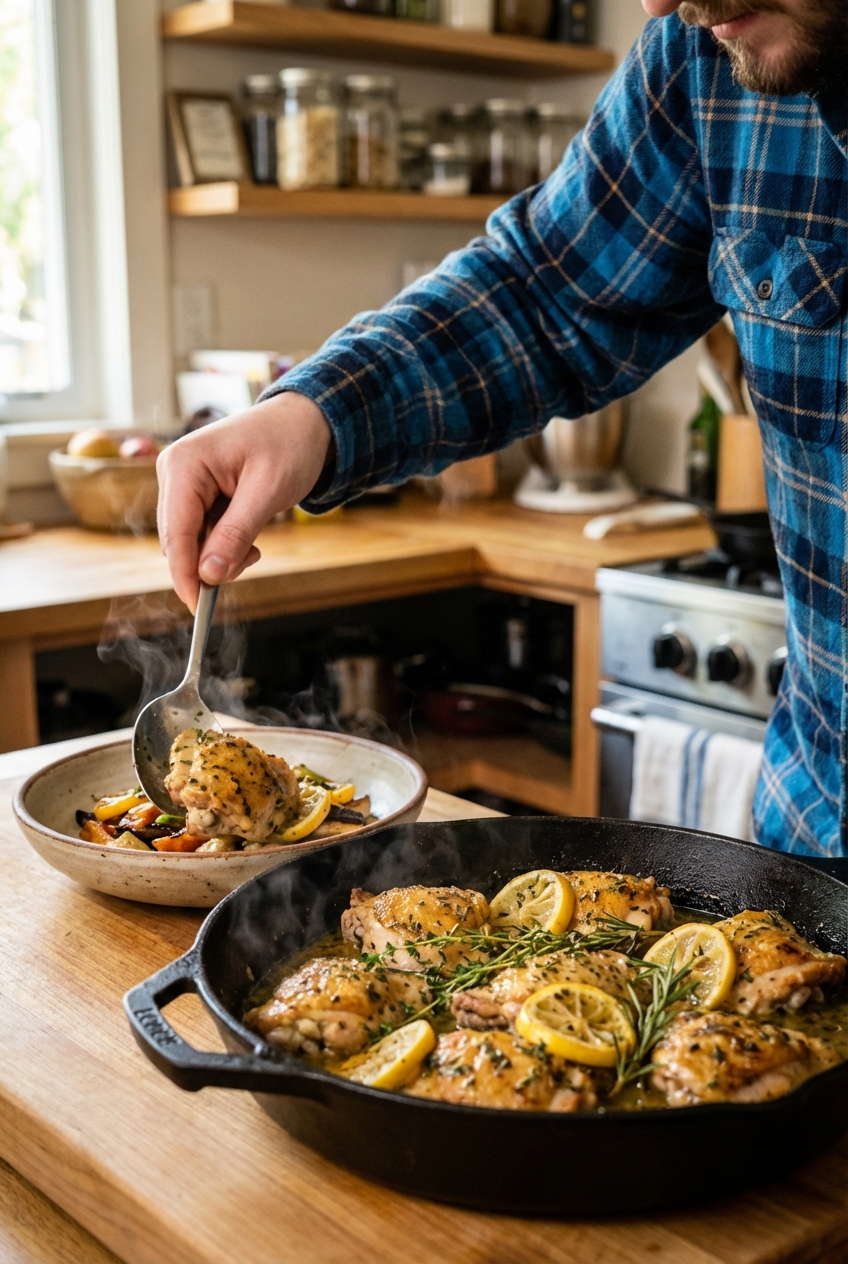 A hand spooning the lemon herb chicken from a skillet into a shallow bowl