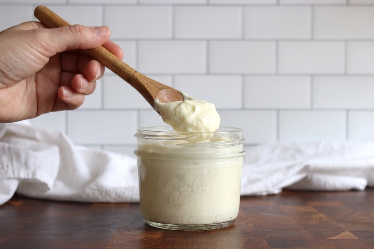 A hand spooning thick crème fraîche from a small glass jar on a bright kitchen counter