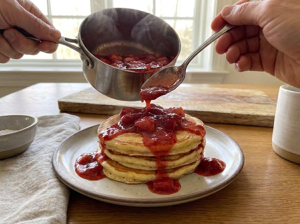 A hand spooning warm strawberry compote over a stack of pancakes on a plate at a kitchen table with soft morning light
