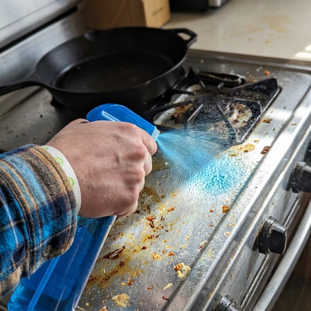 A hand spraying a fine mist of blue dish spray onto a greasy stovetop with a skillet in the background