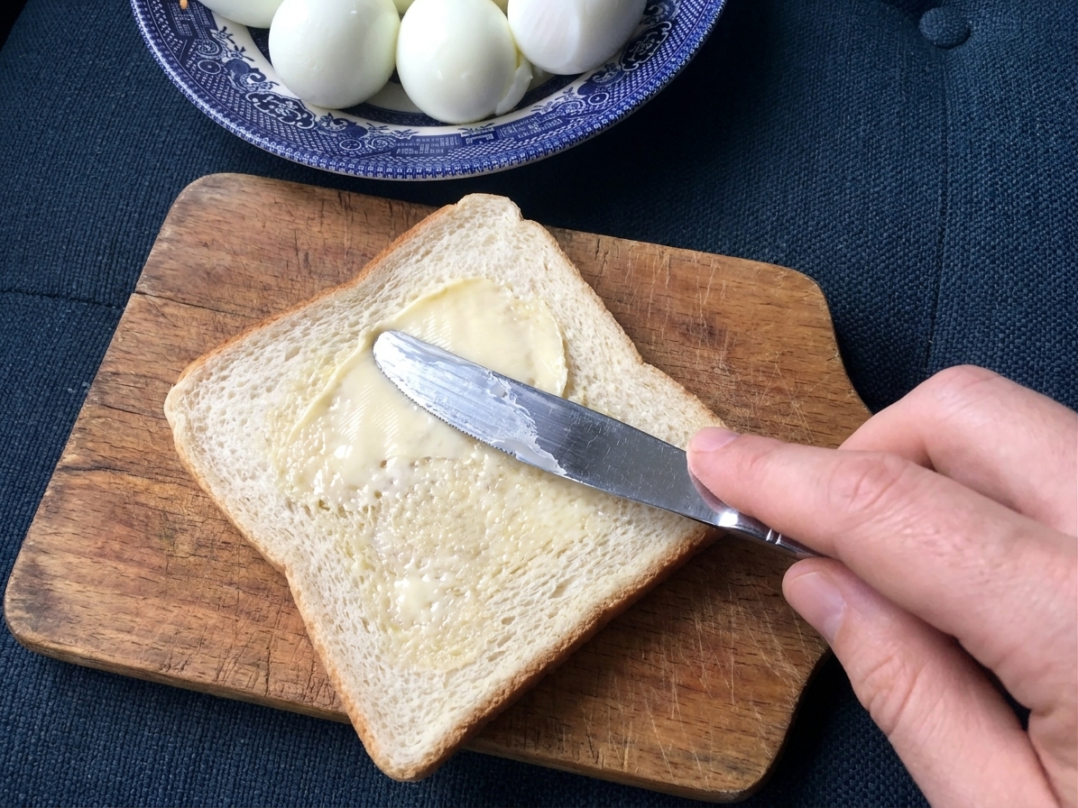A hand spreading a thin layer of softened butter across a slice of white sandwich bread on a cutting board