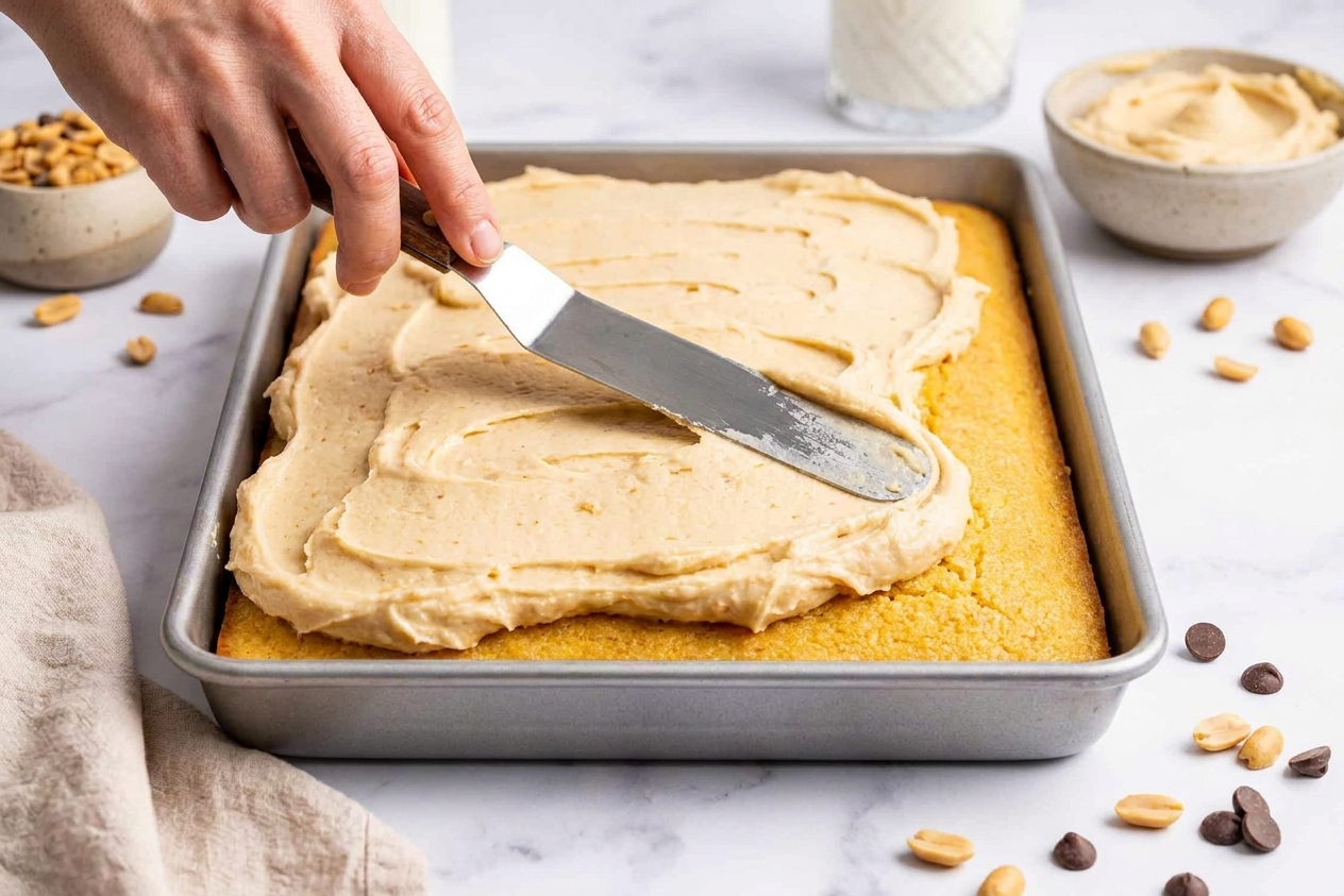 A hand spreading creamy peanut butter frosting over a cooled sheet cake in a 9x13 pan using an offset spatula on a kitchen counter