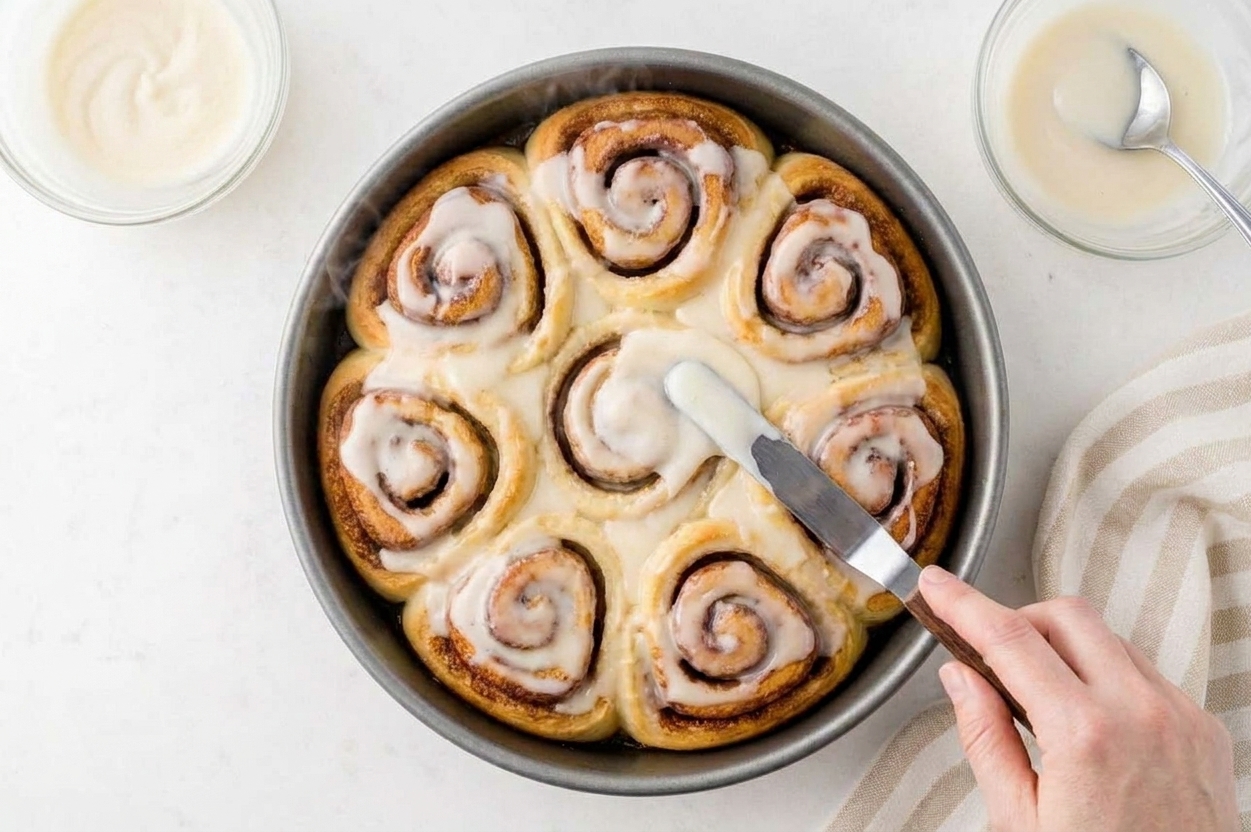 A hand spreading creamy white icing over warm cinnamon rolls in a baking pan on a light kitchen counter
