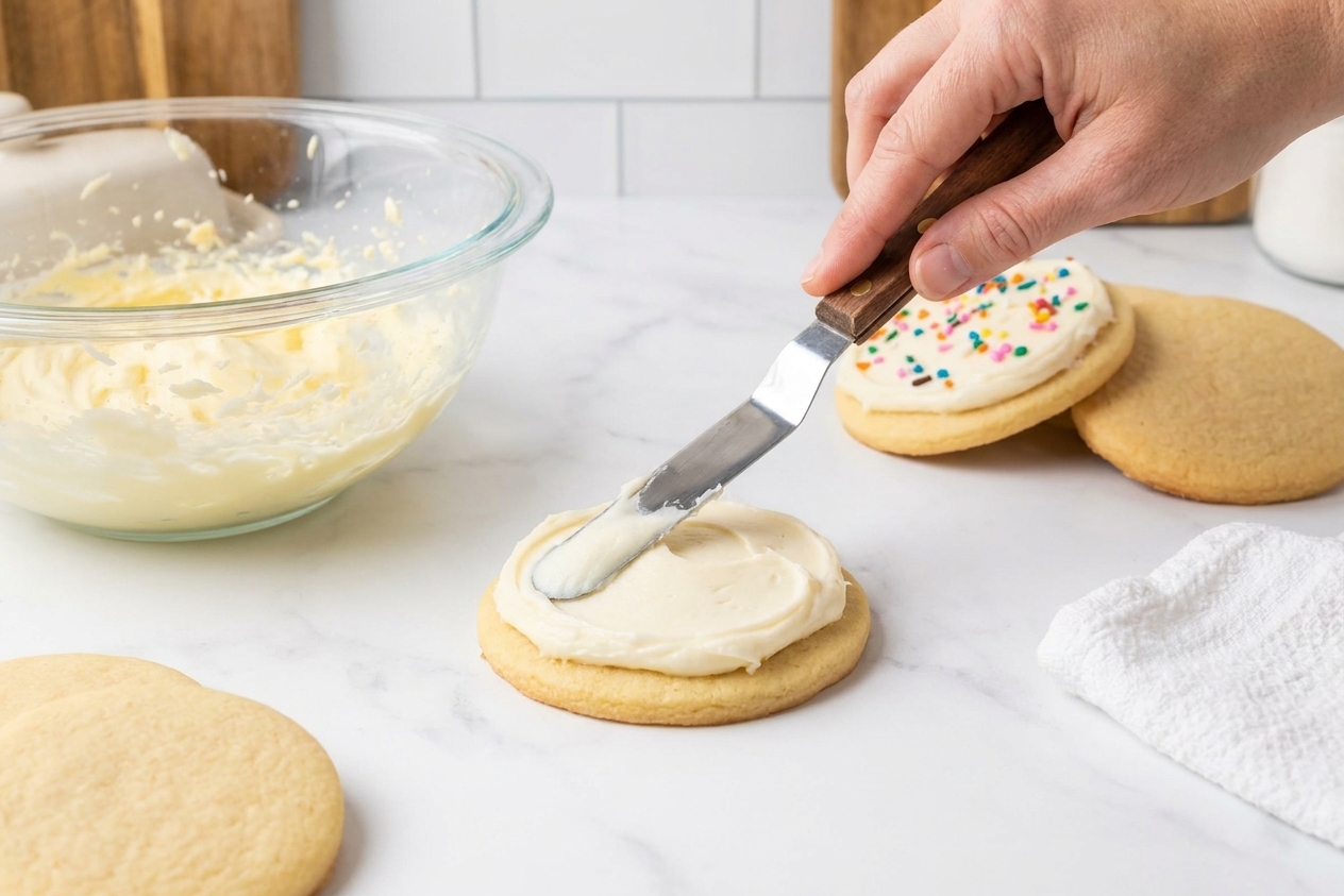 A hand spreading smooth white frosting onto a cooled cut-out sugar cookie with an offset spatula