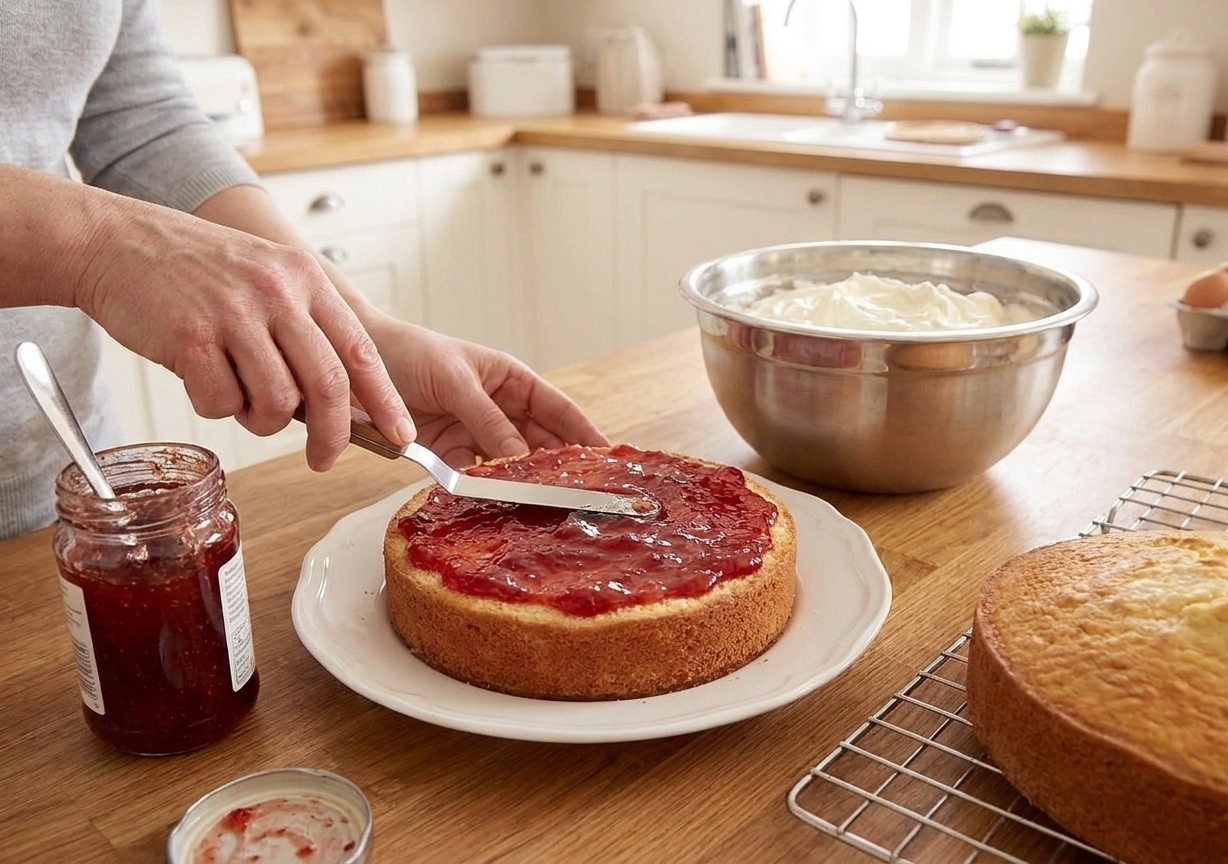 A hand spreading strawberry jam over a cooled sponge cake layer on a plate, with whipped cream nearby on the counter