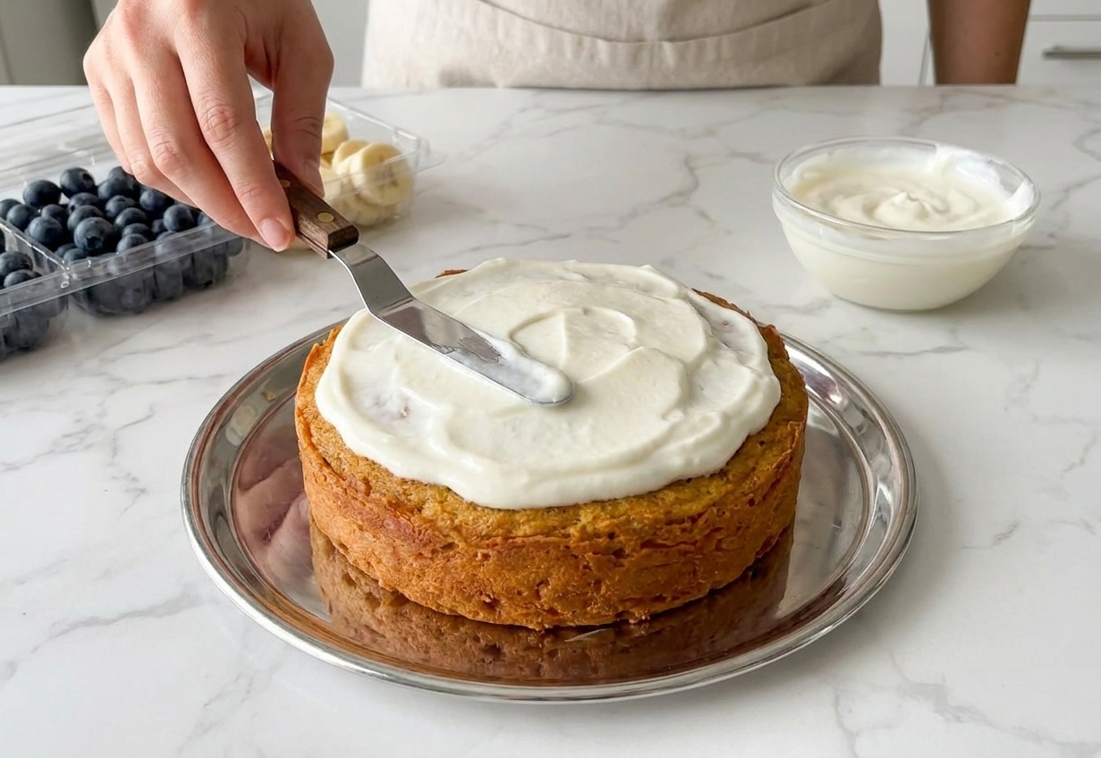A hand spreading yogurt frosting over a small round cake with an offset spatula on a kitchen counter