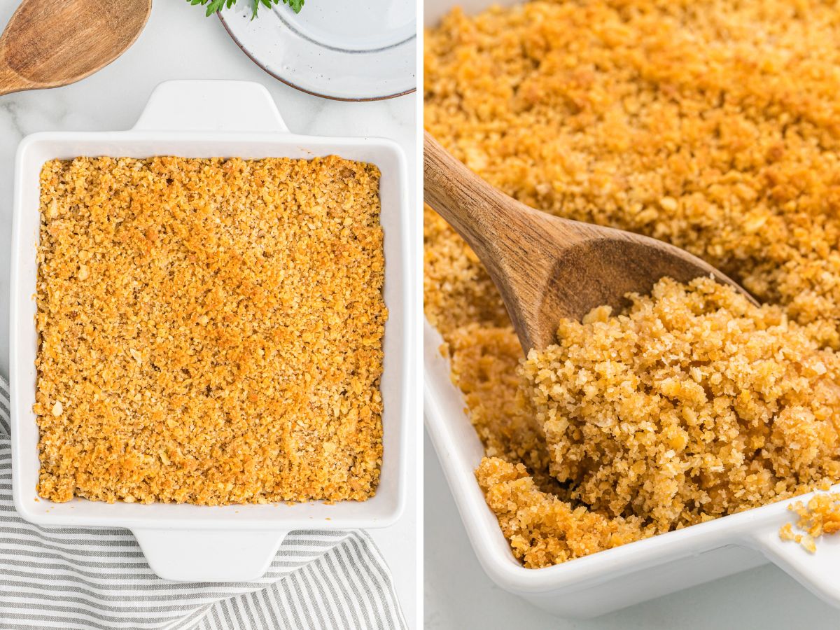 A hand sprinkling buttery crushed crackers over a creamy cabbage mixture in a white baking dish on a stone countertop