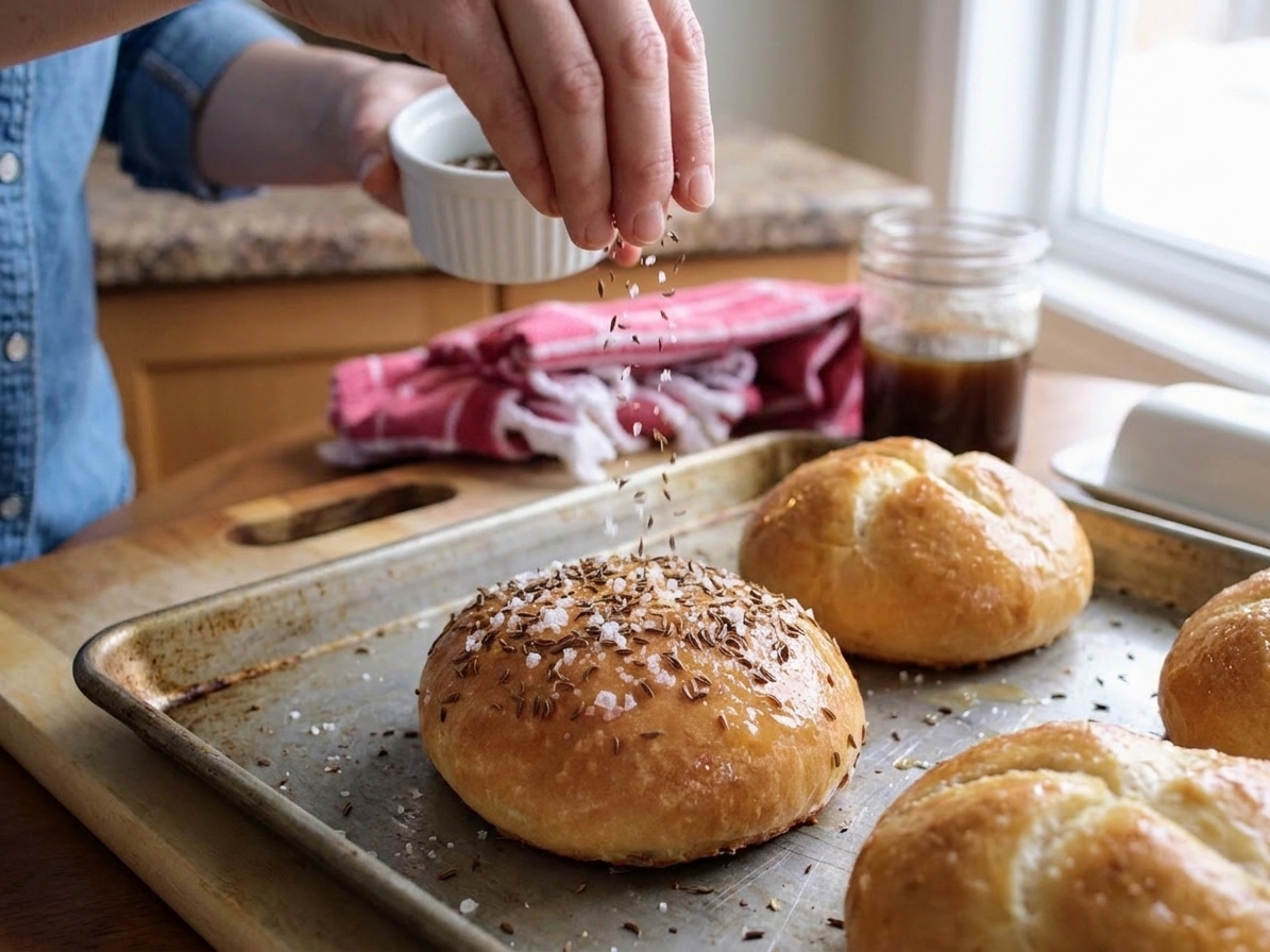 A hand sprinkling caraway seeds and coarse salt over buttered kaiser roll tops on a baking sheet