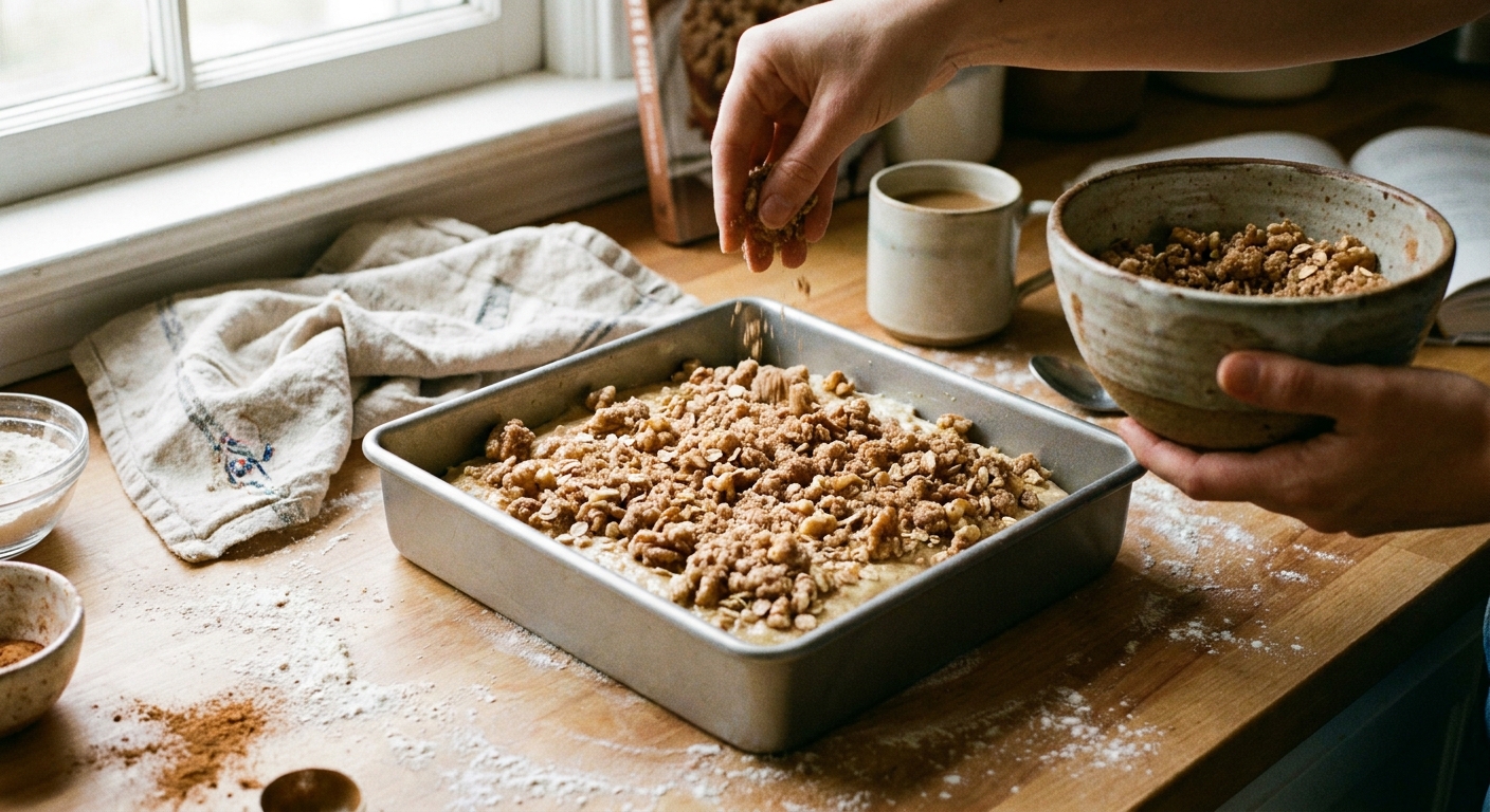A hand sprinkling chunky cinnamon streusel over unbaked coffee cake batter in a square baking pan on a kitchen counter