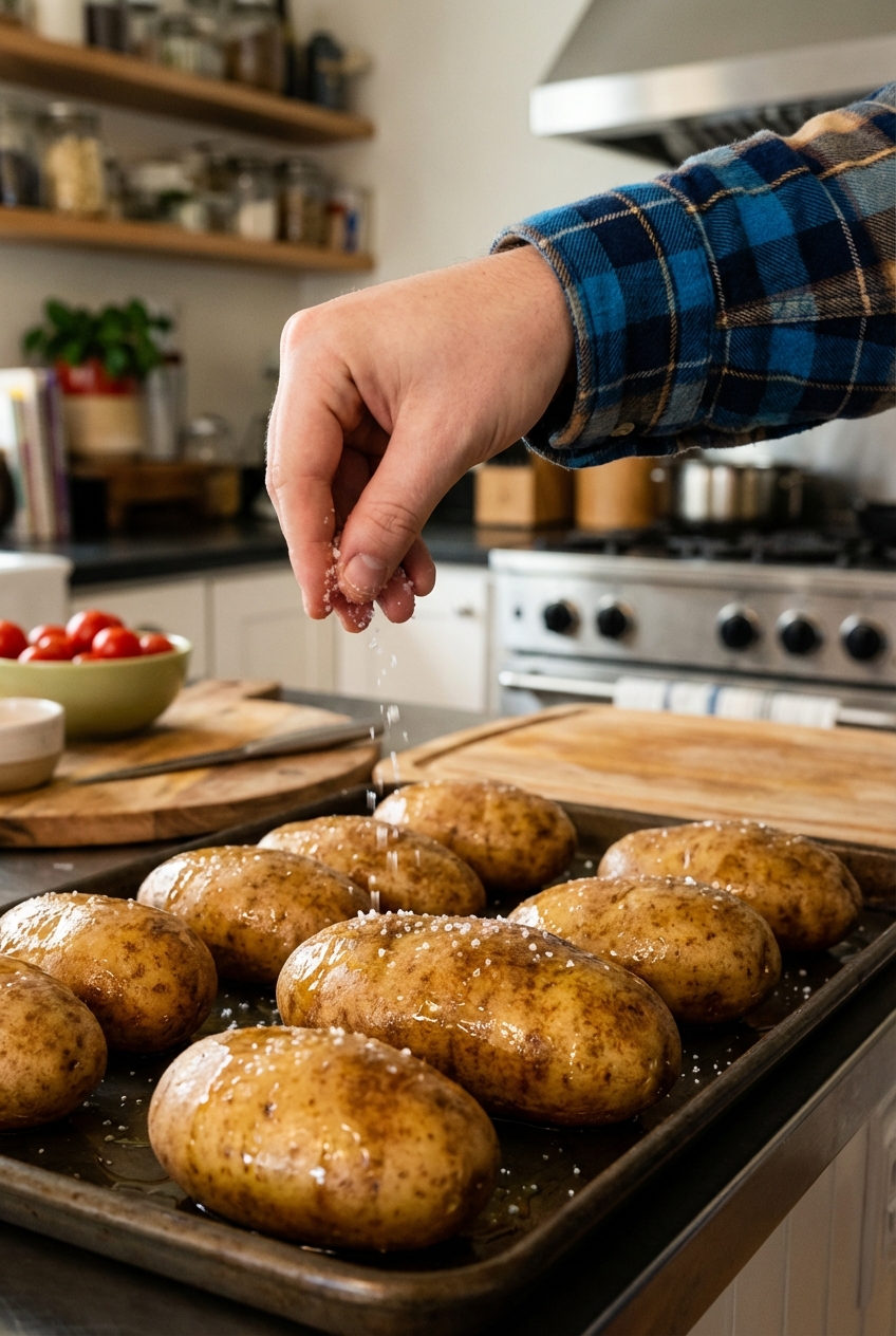 A hand sprinkling coarse salt over oiled russet potatoes on a baking sheet before baking