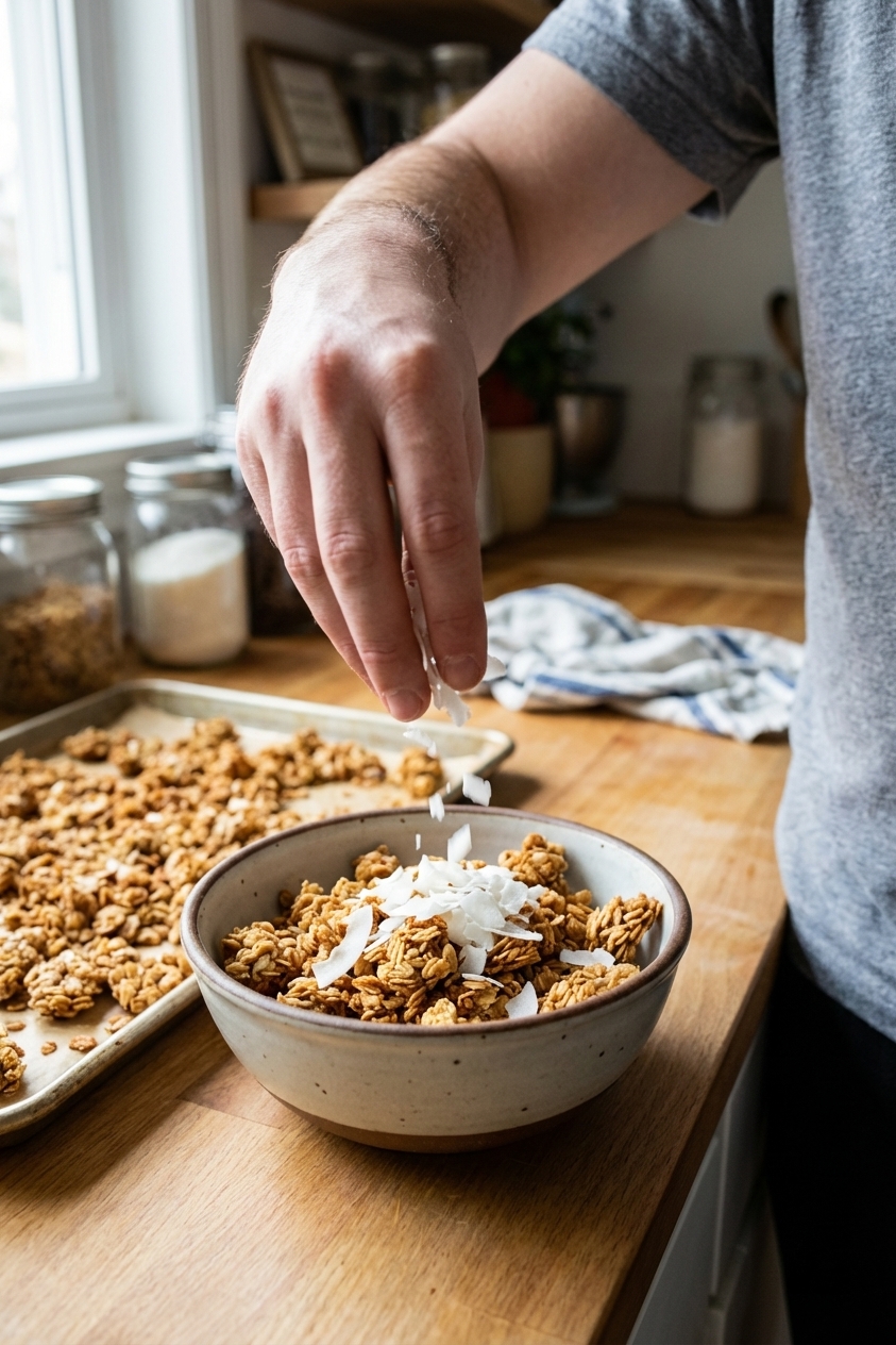 A hand sprinkling coconut flakes into a bowl of baked granola clusters after cooling