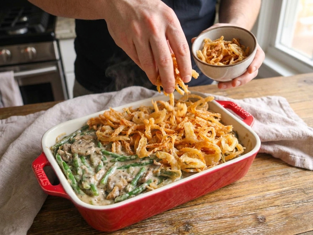 A hand sprinkling crispy fried onions over a hot green bean casserole in a baking dish on a kitchen counter