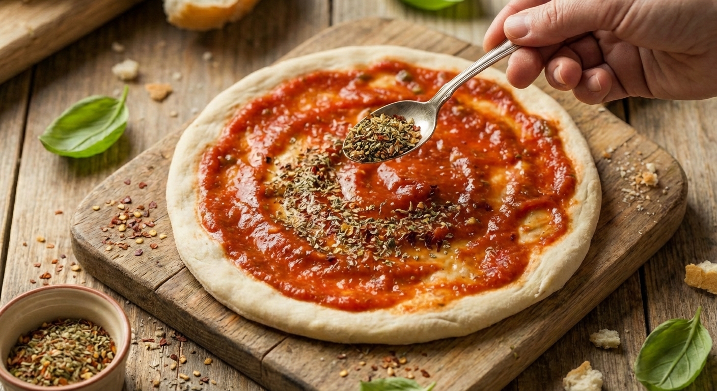 A hand sprinkling dried oregano and red pepper flakes over a sauced pizza dough on a wooden board
