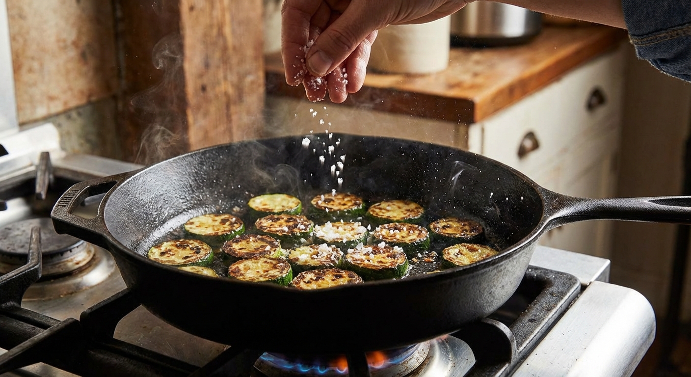 A hand sprinkling flaky salt over sizzling zucchini in a skillet on a stovetop
