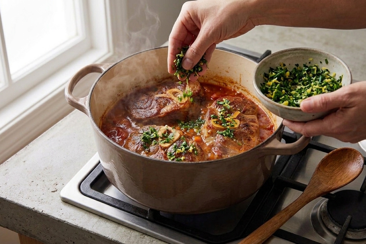 A hand sprinkling fresh gremolata over a bubbling pot of osso buco right before serving
