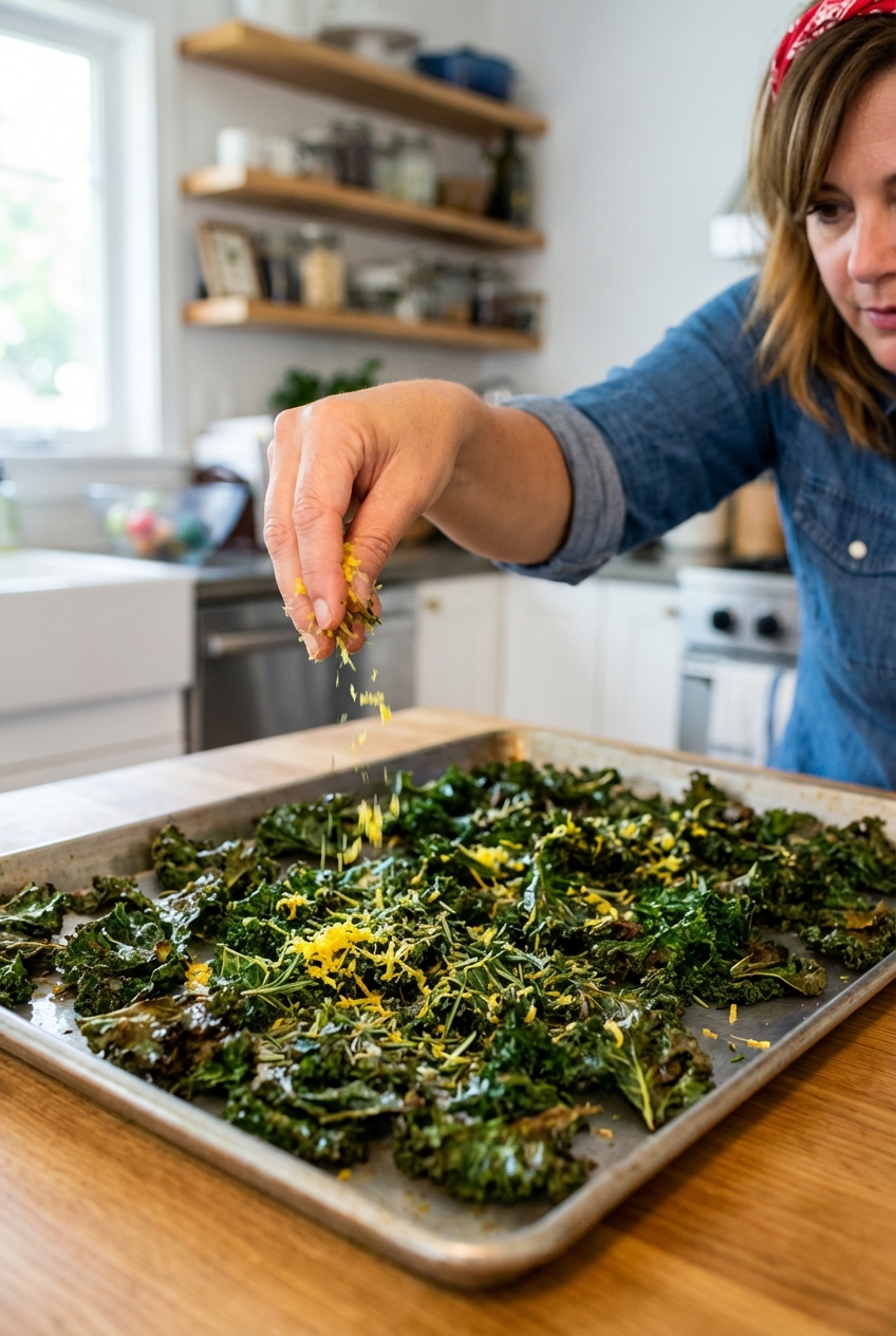 A hand sprinkling lemon zest and chopped herbs over freshly baked kale chips on a sheet pan