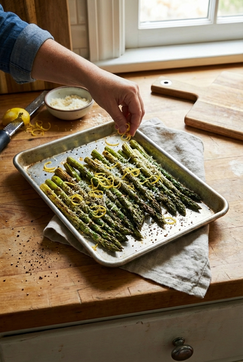 A hand sprinkling lemon zest over roasted asparagus on a sheet pan
