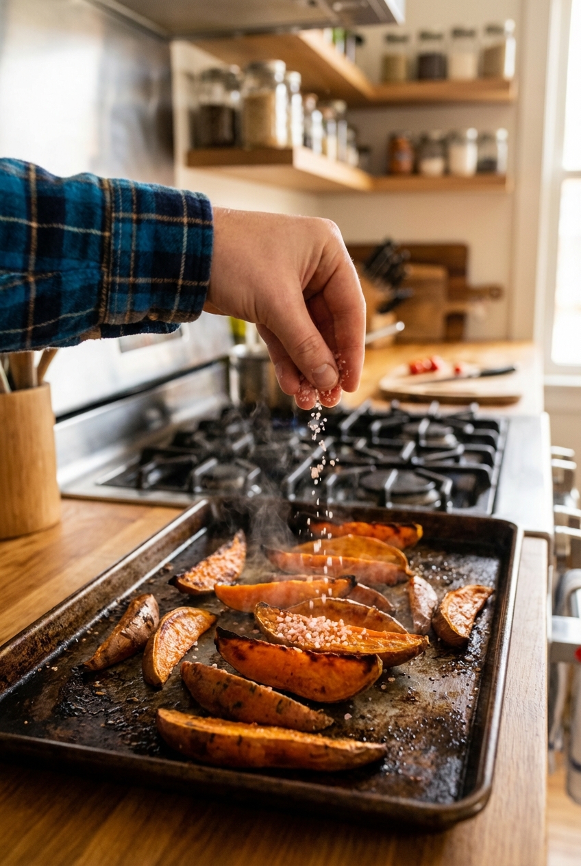 A hand sprinkling pink salt over hot roasted sweet potato wedges on a sheet pan