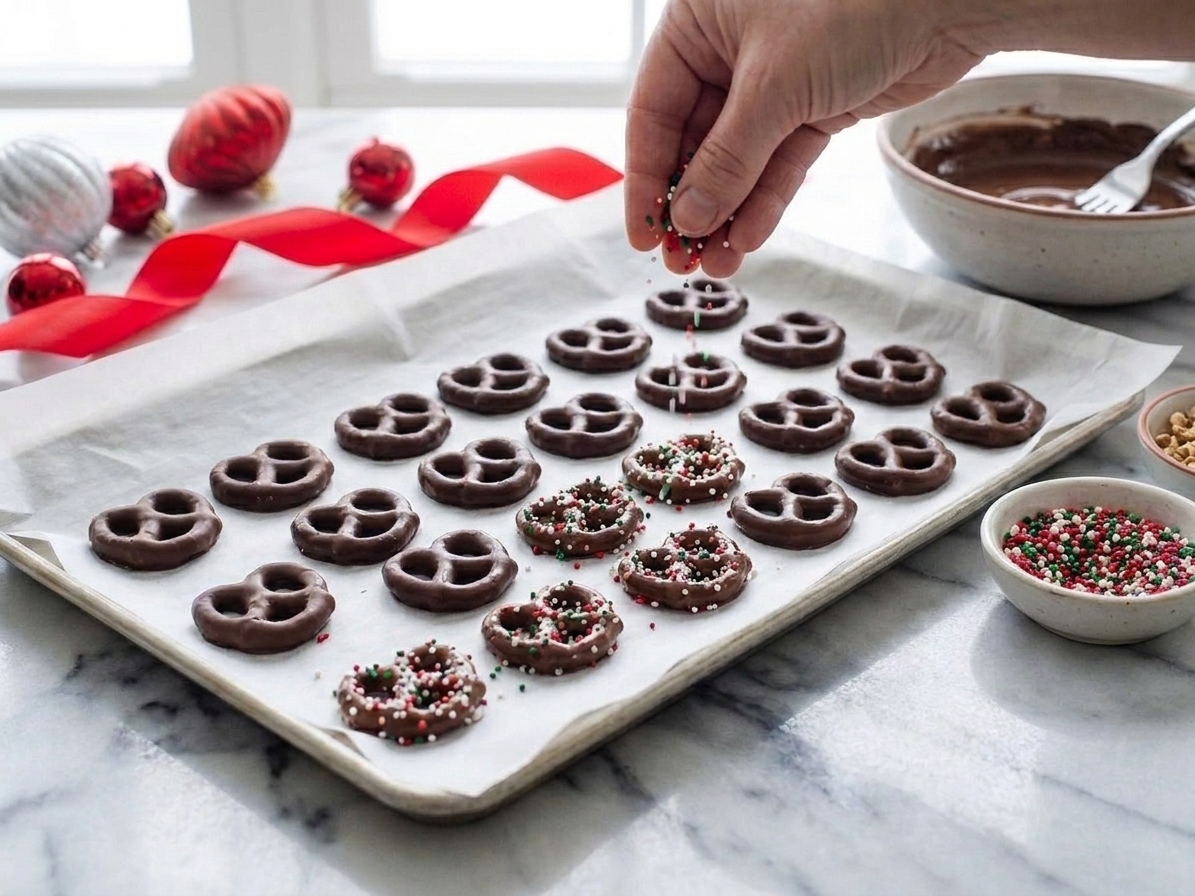 A hand sprinkling rainbow sprinkles over freshly dipped chocolate pretzels on parchment paper