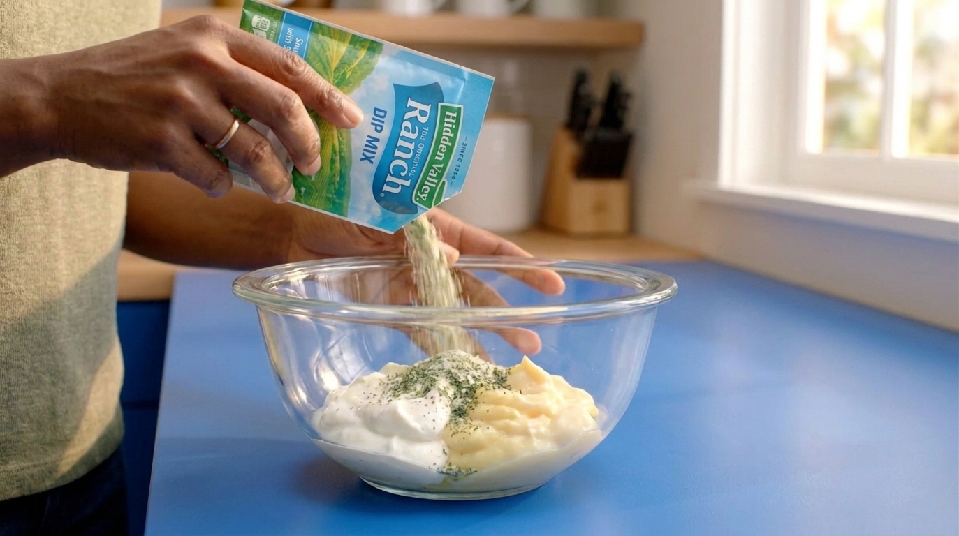 A hand sprinkling ranch seasoning from a packet into a mixing bowl with sour cream and mayonnaise on a kitchen counter
