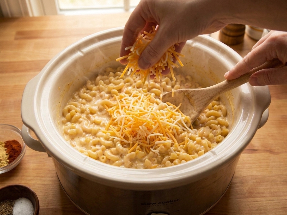 A hand sprinkling shredded cheese into a slow cooker full of hot macaroni while stirring
