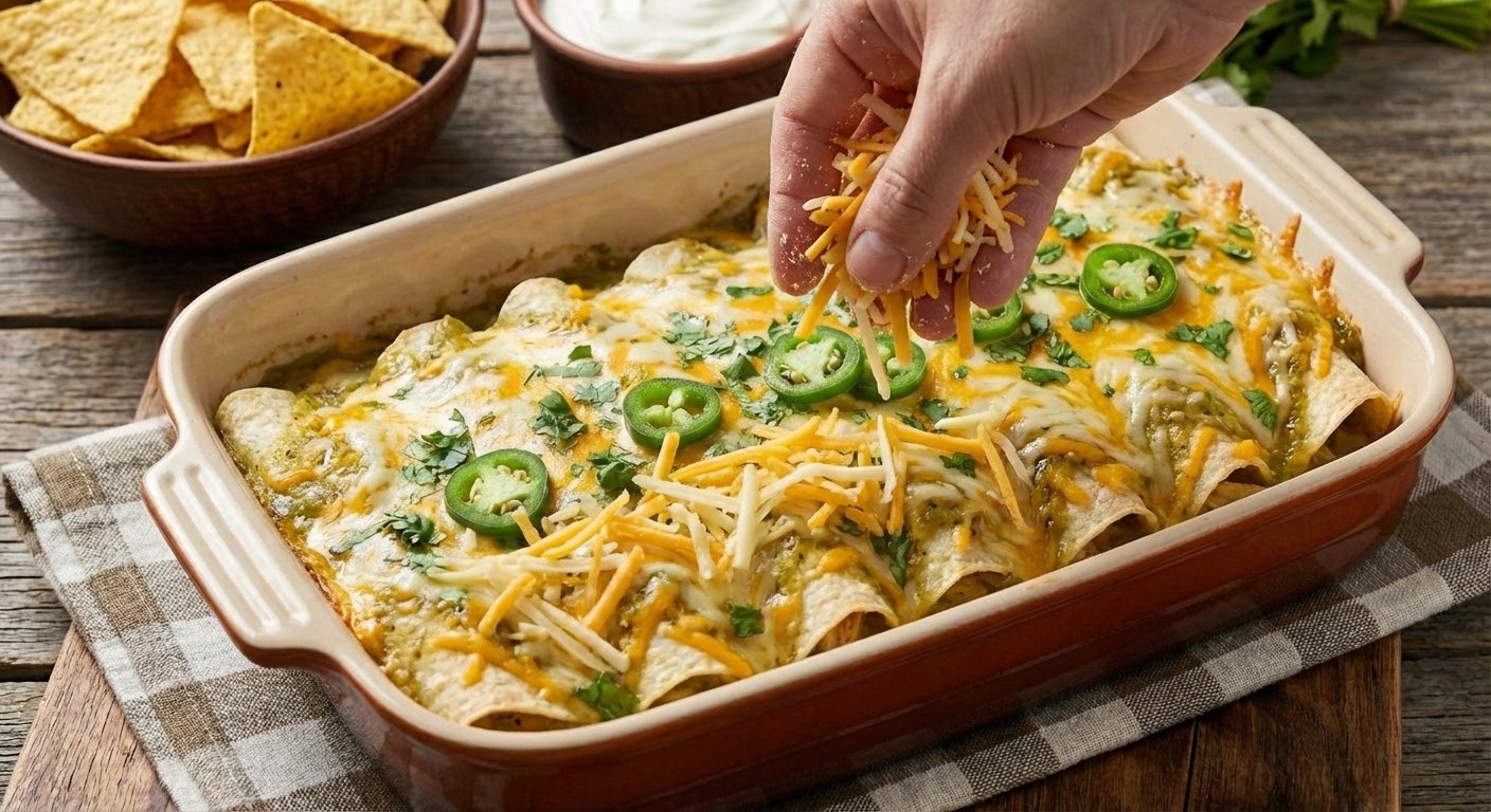 A hand sprinkling shredded cheese over sauced enchiladas in a baking dish before baking