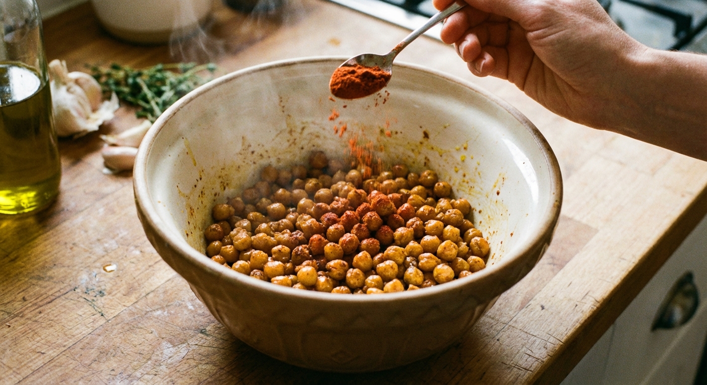 A hand sprinkling smoked paprika over warm roasted chickpeas in a mixing bowl