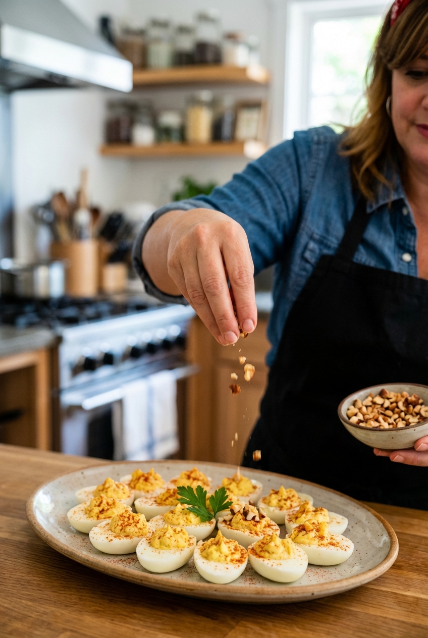 A hand sprinkling toasted chopped nuts over deviled eggs on a serving platter
