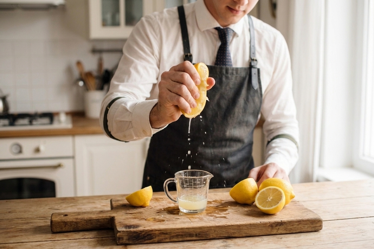 A hand squeezing a fresh lemon over a small glass measuring cup on a wooden cutting board in a bright home kitchen