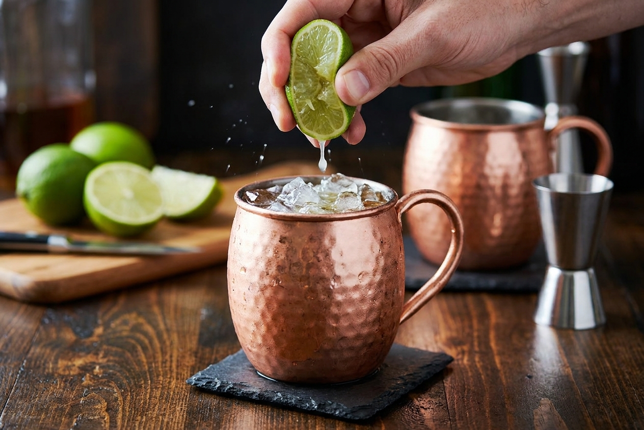 A hand squeezing a fresh lime half into a copper mug filled with ice, with bourbon already poured in on a kitchen counter