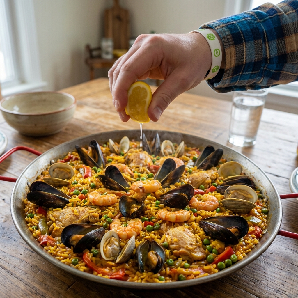 A hand squeezing a lemon wedge over a finished paella in a wide pan