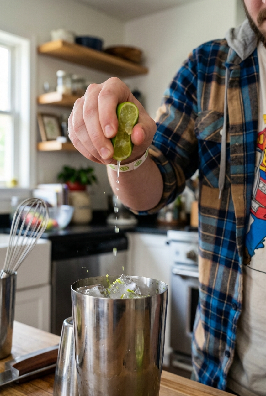 A hand squeezing a lime over a cocktail shaker filled with ice