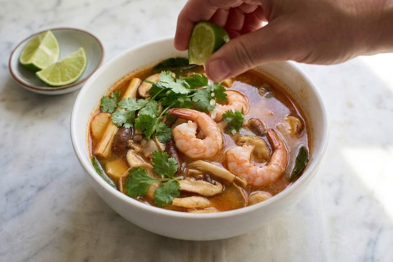 A hand squeezing a lime wedge over a bowl of tom yum soup just before eating