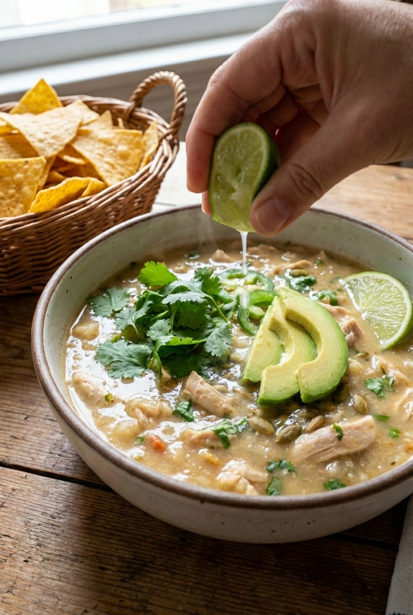 A hand squeezing a lime wedge over a bowl of white chicken chili topped with cilantro and avocado slices
